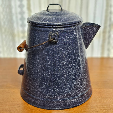 Vintage Blue Speckled Enamel Kettle Tin