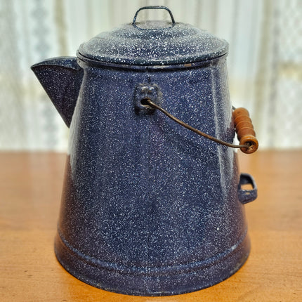 Vintage Blue Speckled Enamel Kettle Tin