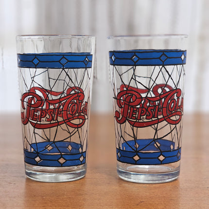 Vintage Set of 2 Pepsi-Cola "Tiffany-Style" Stained Glass Tumblers