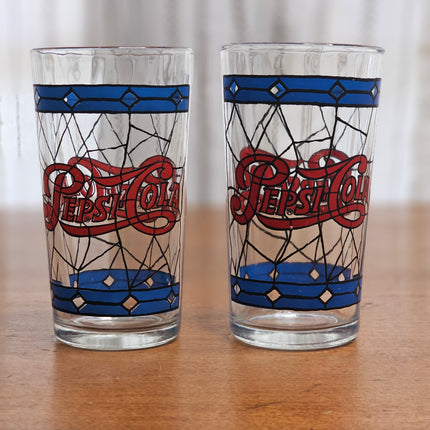 Vintage Set of 2 Pepsi-Cola "Tiffany-Style" Stained Glass Tumblers