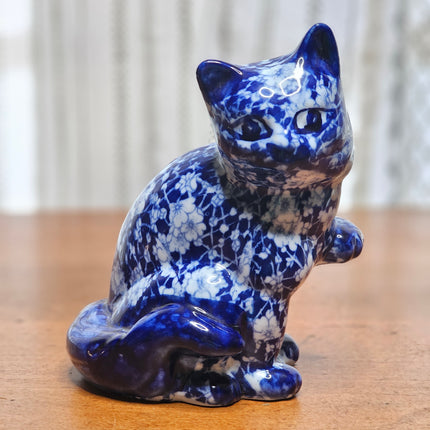 6.5" Tall Blue and White Chintz Floral Transferware Sitting Cat Figurine