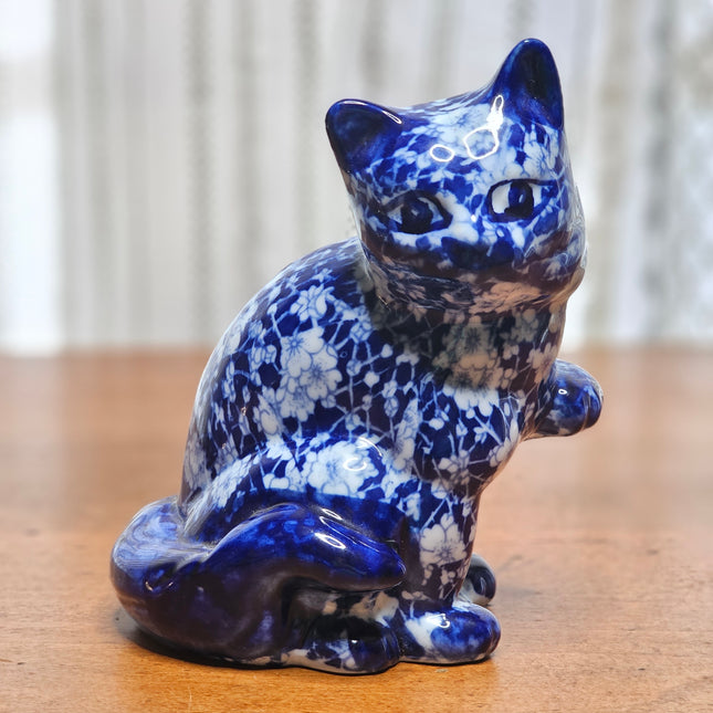 6.5" Tall Blue and White Chintz Floral Transferware Sitting Cat Figurine