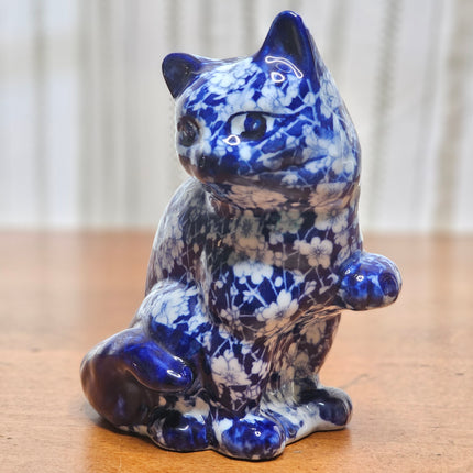 6.5" Tall Blue and White Chintz Floral Transferware Sitting Cat Figurine