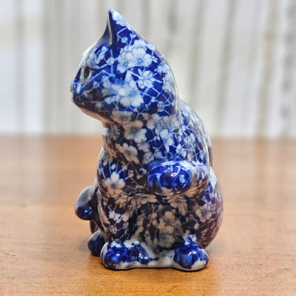6.5" Tall Blue and White Chintz Floral Transferware Sitting Cat Figurine