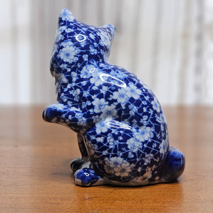 6.5" Tall Blue and White Chintz Floral Transferware Sitting Cat Figurine