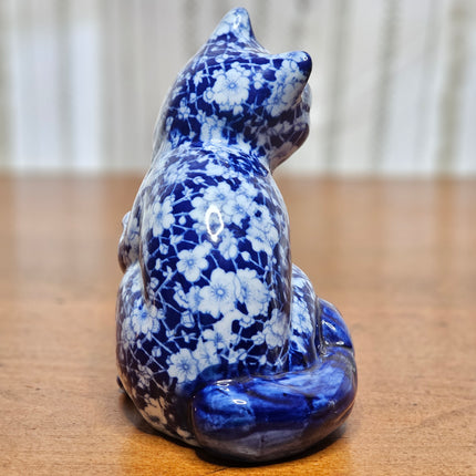6.5" Tall Blue and White Chintz Floral Transferware Sitting Cat Figurine