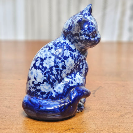 6.5" Tall Blue and White Chintz Floral Transferware Sitting Cat Figurine
