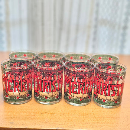 Set of 8 Vintage Houze Merry Christmas Stained Glass Style Tumblers