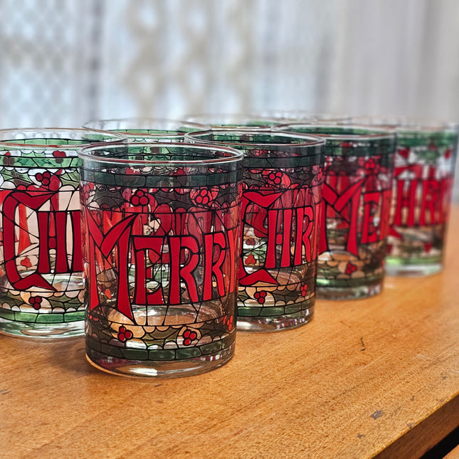 Set of 8 Vintage Houze Merry Christmas Stained Glass Style Tumblers