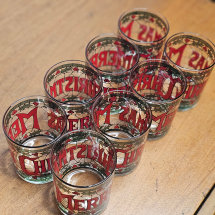 Set of 8 Vintage Houze Merry Christmas Stained Glass Style Tumblers
