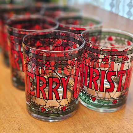 Set of 8 Vintage Houze Merry Christmas Stained Glass Style Tumblers