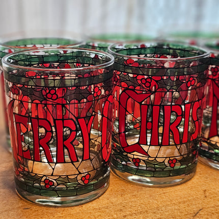 Set of 8 Vintage Houze Merry Christmas Stained Glass Style Tumblers