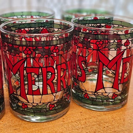 Set of 8 Vintage Houze Merry Christmas Stained Glass Style Tumblers